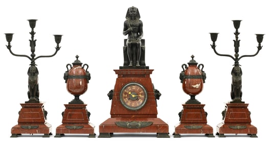 French Egyptian Revival Bronze & Marble Figural Five-Piece Clock Garniture