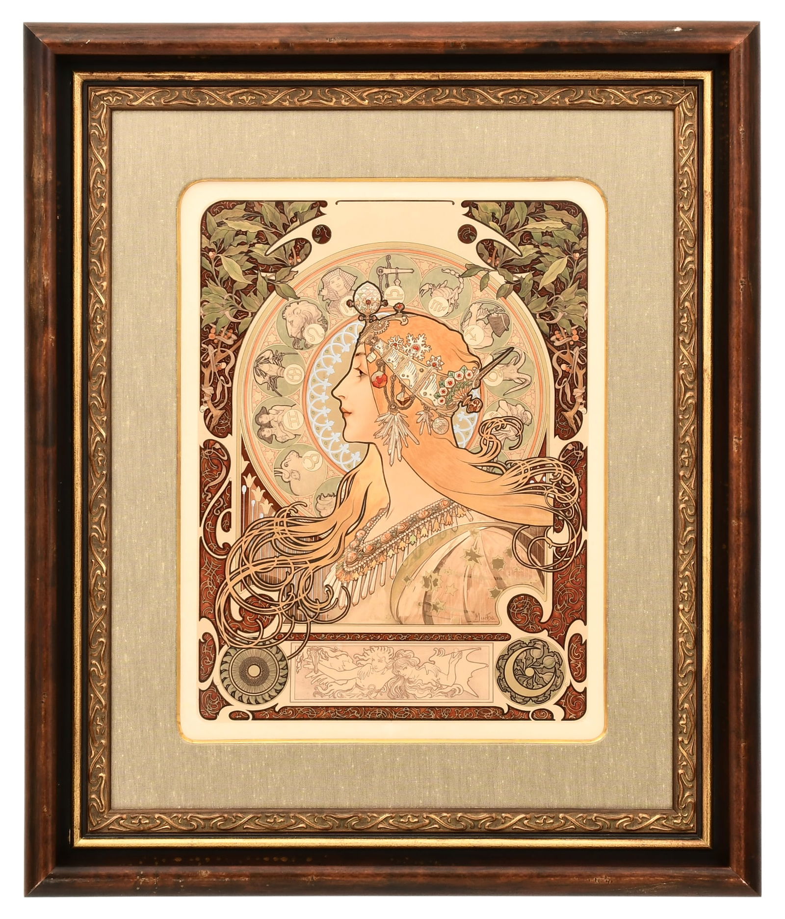 Alphonse Mucha (Czech, 1860-1939), "Zodiac": Alphonse Mucha(Czech, 1860-1939)"Zodiac"color lithographsigned "Mucha" within the plate (lower right)27 x 20 inches (sight)42 x 35 inches (frame)The following work is Variant 4 (9 total variants).