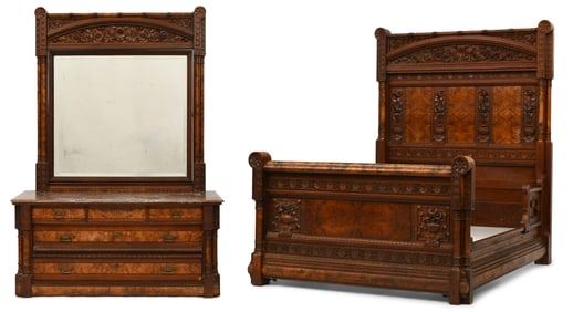Aesthetic Movement Walnut & Burl Walnut Two-Piece Bedroom Set