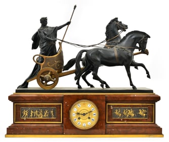 Continental Bronze & Marble Figural Mantel Clock with Chariot, Hans Muller (German, 1873-1937)