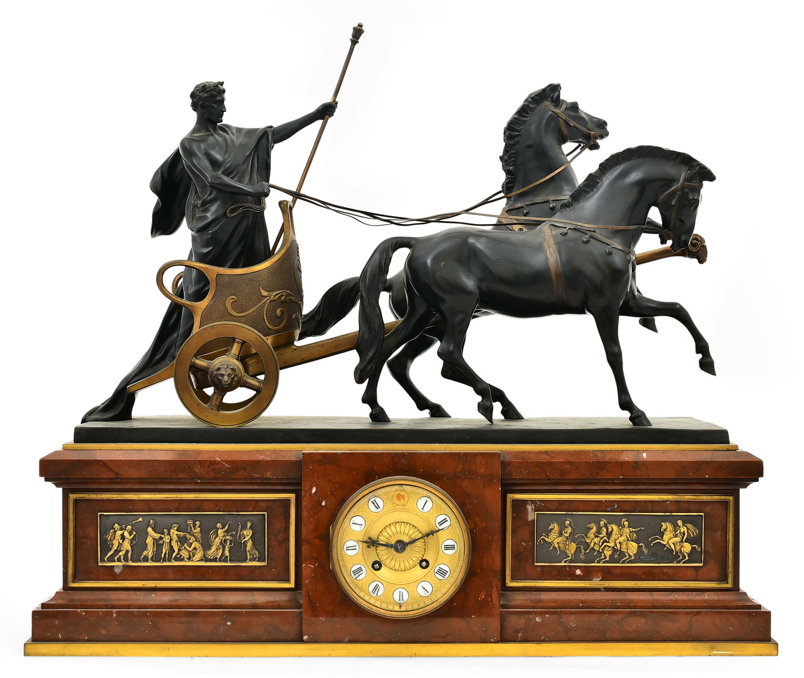 Continental Bronze & Marble Figural Mantel Clock with Chariot, Hans Muller (German, 1873-1937) (1 of 9)