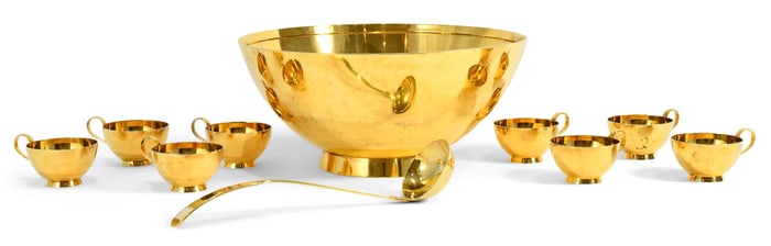 Tiffany & Co. Gilt Sterling Silver Ten-Piece Punch Bowl Set