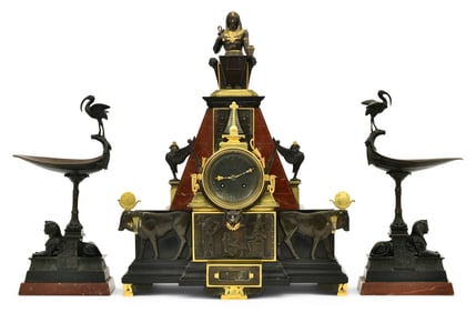 French Egyptian Revival Bronze & Marble Figural Three-Piece Clock Garniture