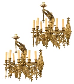 Pair of French Gilt Bronze Eight-Light Figural Sconces