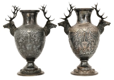 Pair of English Sterling Silver Vases with Elk Heads
