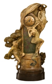 Goldsheider Art Nouveau Terracotta & Glass Lamp with Clock