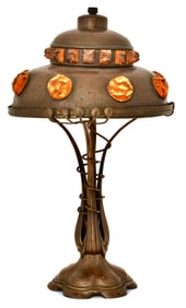 Austrian Art Nouveau Patinated Bronze, Brass & Chunk Glass Table Lamp