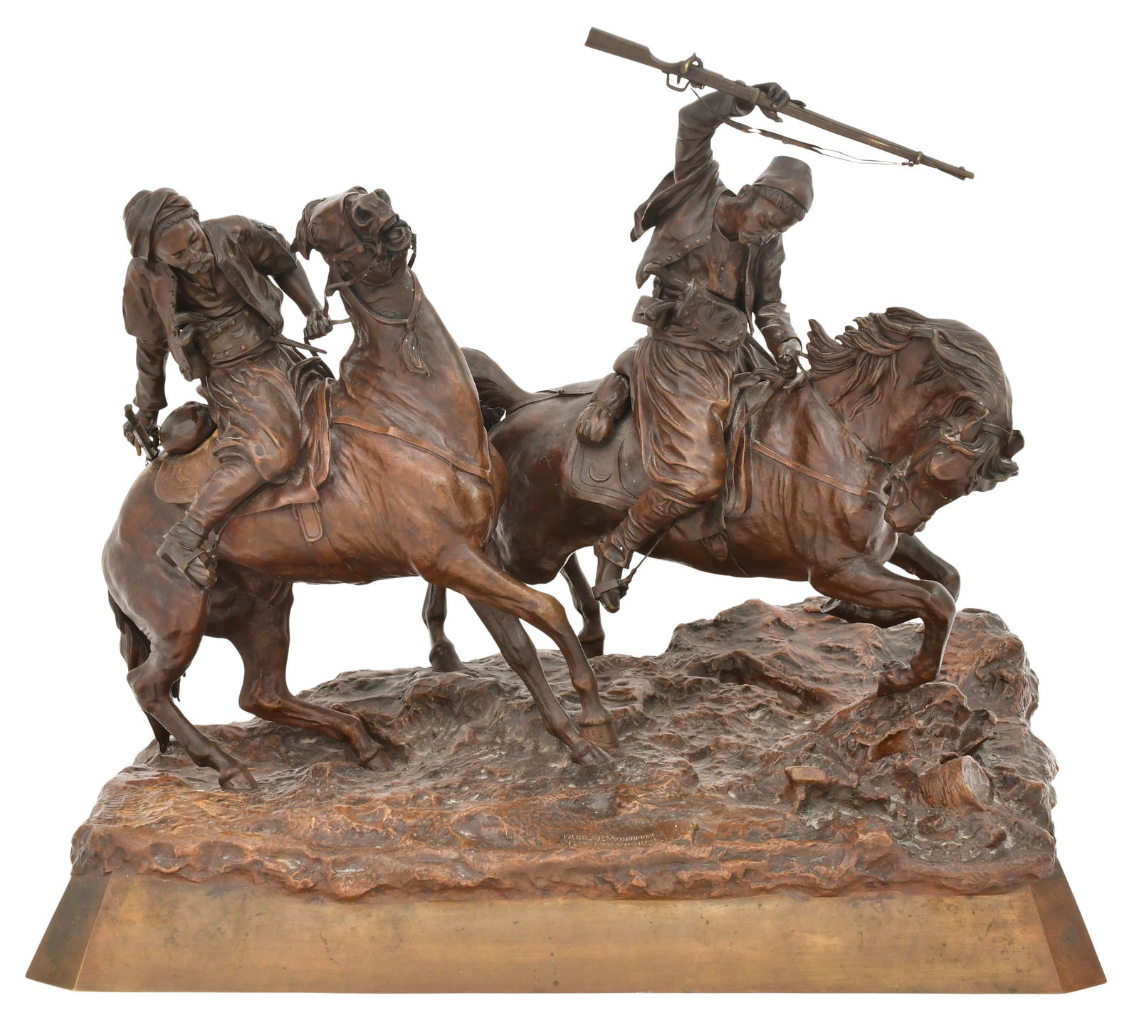 Vasily Grachev (Russian, 1831-1905), "Two Mounted Cossacks" Bronze Grouping: Vasily Grachev(Russian, 1831-1905)"Two Mounted Cossacks"patinated bronzemarked "V. Grachev, Fabr. C.F. Woerffel, St. Petersbourg"14 3/4 x 18 x 10 1/4 inchesProvenance: Private Collection, Pineville, L