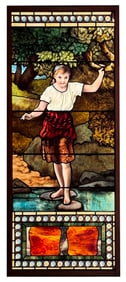 American Leaded Glass Landscape Window with Girl