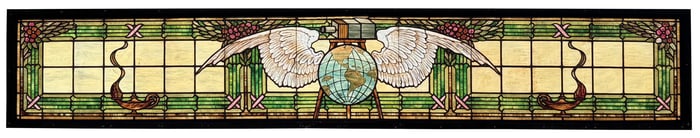 A Monumental American Leaded Glass Window with Winged Globe