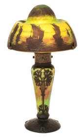 Daum, Nancy, Cameo Glass Seascape Table Lamp with Sailing Ships