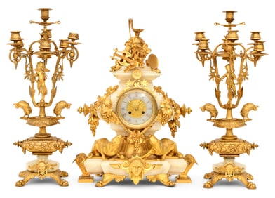 French Gilt Bronze-Mounted Onyx Clock Garniture by H. Houderine, Paris