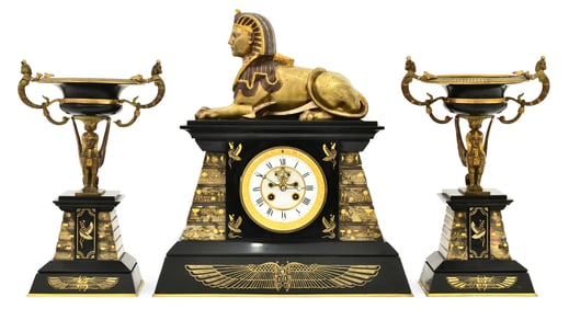 French Egyptian Revival Bronze & Marble Figural Three-Piece Clock Garniture