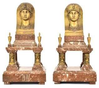 Pair of French Egyptian Revival Gilt Bronze & Marble Garnitures