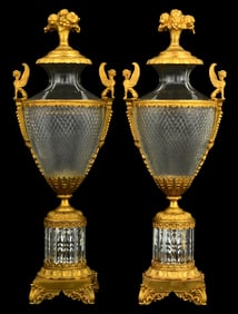 Pair of French Gilt Bronze-Mounted Cut Glass Urns