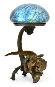 Austrian Bronze Dragon Lamp with Art Glass Shade