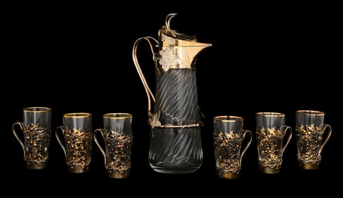 Mexican Sterling Silver & Glass Seven-Piece Cordial Set