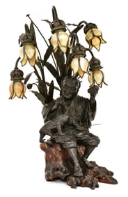 French Asian Style Patinated Bronze, Wood & Glass Figural Lamp