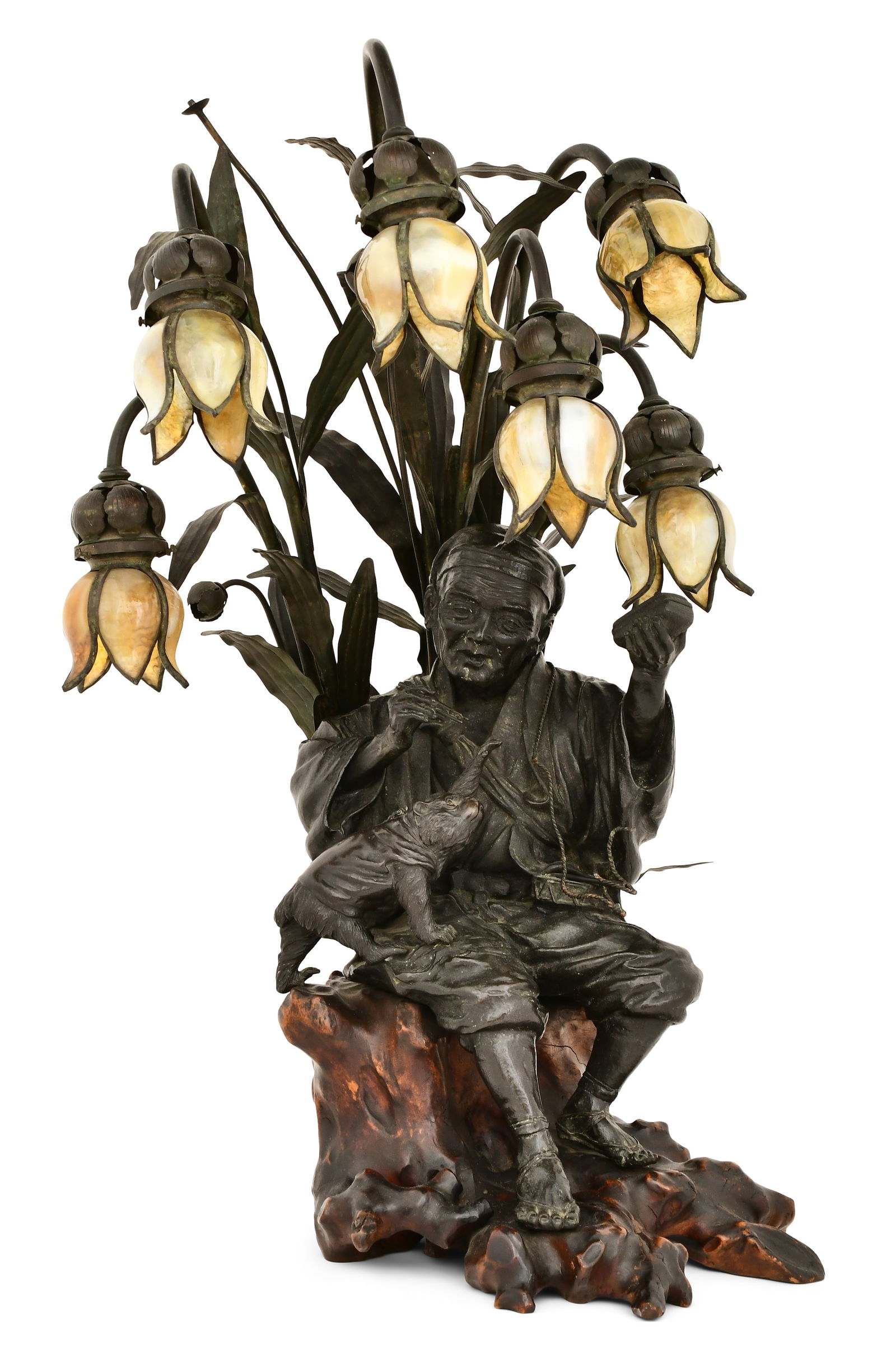 French Asian Style Patinated Bronze, Wood & Glass Figural Lamp (1 of 7)