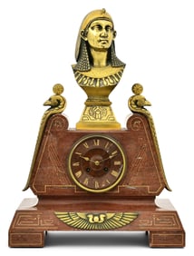 French Egyptian Revival Bronze & Marble Clock with Bust of Cleopatra, Paul Auguste Gagne, Retailed