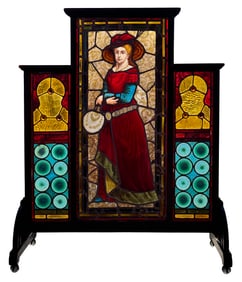 American Victorian Leaded Glass & Ebonized Wood Fireplace Screen