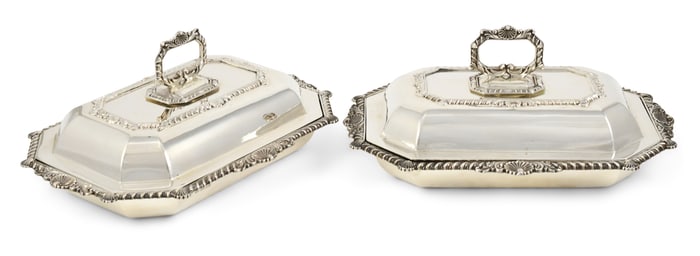 Pair of English Sterling Silver Covered Vegetable Dishes by John Round & Son Ltd.