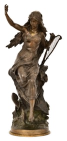Mathurin Moreau (French, 1822-1912), Bronze Sculpture of a Woman with Harp
