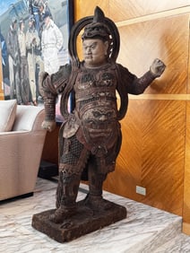 A Life-Size Chinese Carved and Painted Wood Figure of a Guardian, Ming Dynasty (1368-1644)