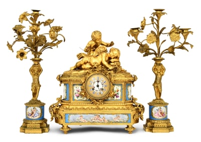 French Gilt Bronze & Porcelain Figural Three-Piece Clock Garniture