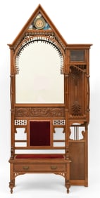 American Carved Walnut Stick & Ball Hall Tree with Clock
