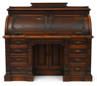 Renaissance Revival Walnut & Burl Walnut Cylinder Desk