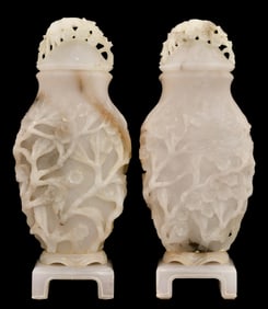 Pair of Large Chinese Carved White Jade Urns