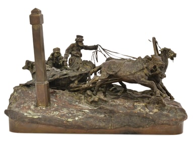 Vasily Grachev (Russian, 1831-1905), "The Milepost Troika" Bronze Grouping