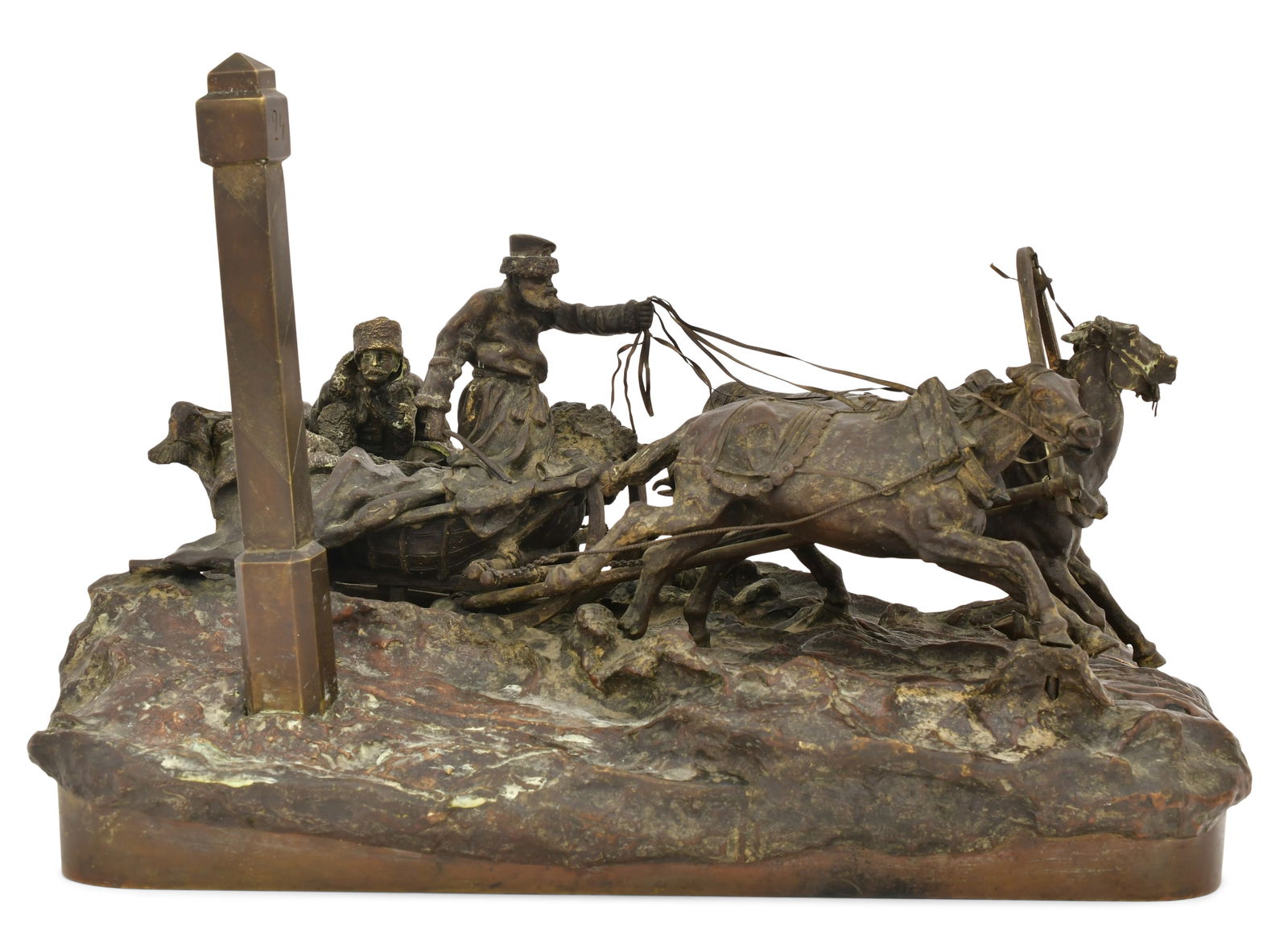 Vasily Grachev (Russian, 1831-1905), "The Milepost Troika" Bronze Grouping: Vasily Grachev(Russian, 1831-1905)"The Milepost Troika"patinated bronzemarked "V. Grachev, Fabr. C.F. Woerffel, St. Petersbourg"11 1/2 x 16 1/2 x 11 inchesProvenance: Private Collection, Pineville, Lo