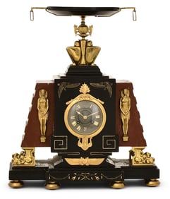 French Egyptian Revival Marble & Gilt Bronze Mantel Clock
