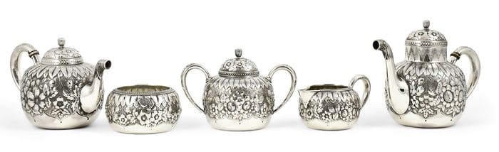 Gorham Mfg. Co. Sterling Silver Five-Piece Repoussé Tea & Coffee Service