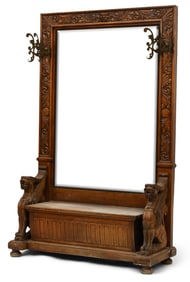 American Carved Oak Hall Tree with Winged Griffins
