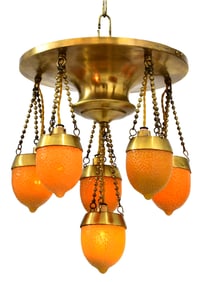 French Art Nouveau Brass & Glass Six-Light Chandelier