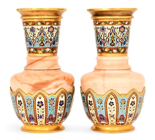 Pair of French Cloisonné & Gilt Bronze-Mounted Onyx Vases