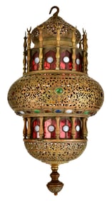 American Moorish Brass & "Jeweled" Glass Hall Lantern