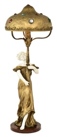 French Art Nouveau Gilt Metal, Bisque, Jeweled Glass & Marble Figural Lamp