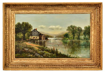 Edmund Darch Lewis (American, 1835-1910), "The Old Mill": Edmund Darch Lewis(American, 1835-1910)"The Old Mill"oil on canvassigned "Edmund D. Lewis" (lower left)23 1/2 x 39 1/2 inches (sight)35 x 51 inches (frame)Provenance: The Collection of Hassan Basa