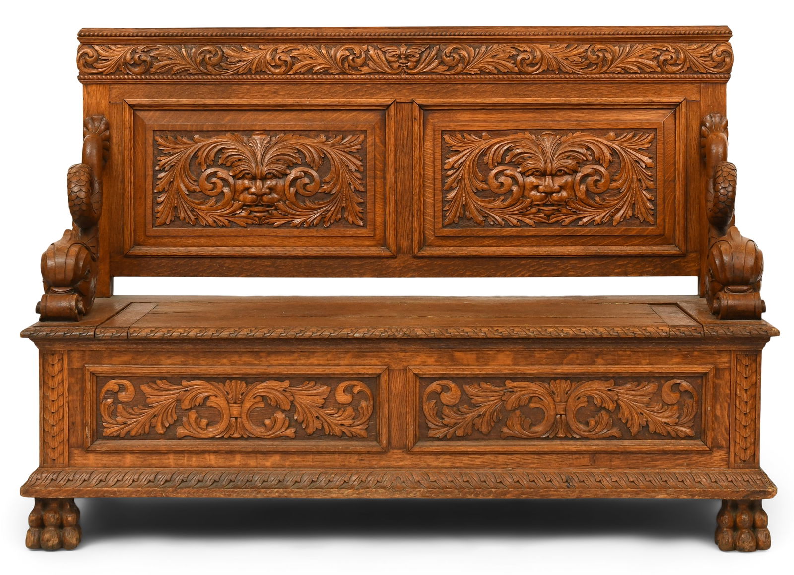 American Figural Carved Oak Hall Bench with Dolphins (1 of 6)