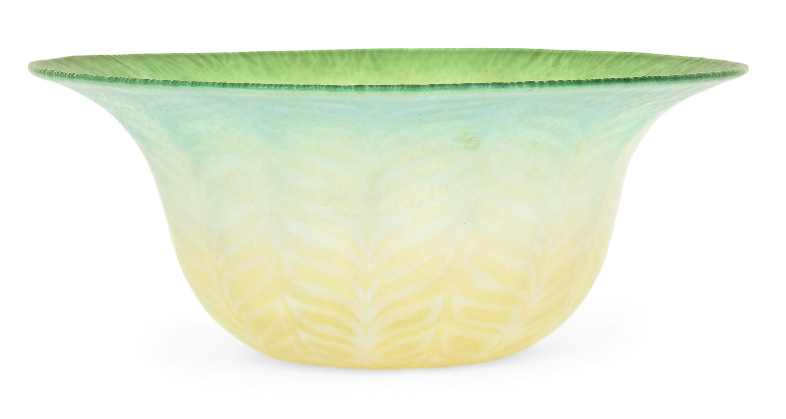 Tiffany Studios Pastel Favrile Glass "Feather" Bowl: Tiffany Studios Pastel "Feather" Bowl early 20th century pastel favrile glass engraved "L.C. Tiffany - Favrile / 5-1925" 3 1/2 x 8 1/2 inches Provenance: The Collection of Edward McHugh, Holyoke, Mass