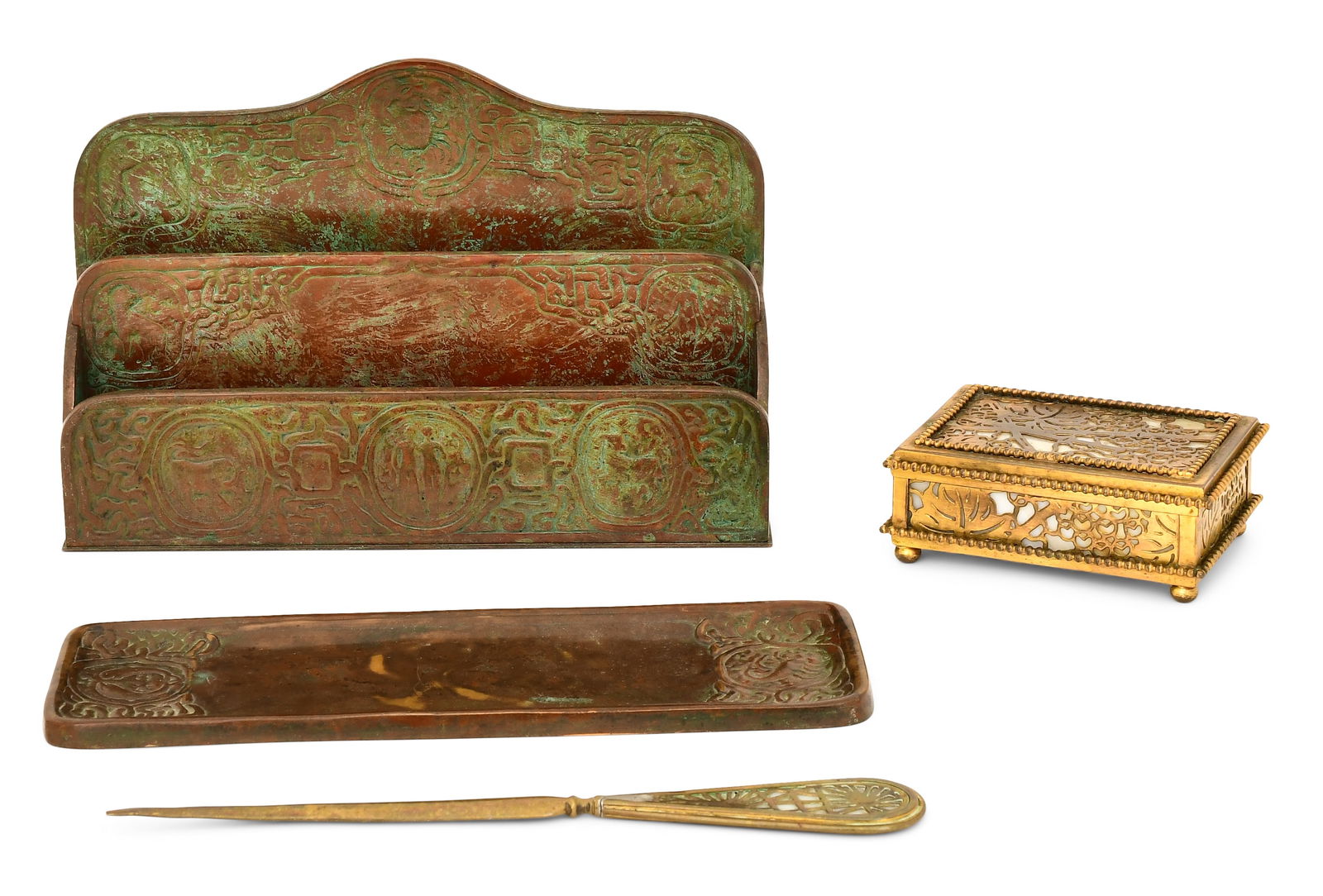 Tiffany Studios "Zodiac" Letter Rack and Pen Tray, "Grapevine" Box and "Pine Needle" Bill File (1 of 5)
