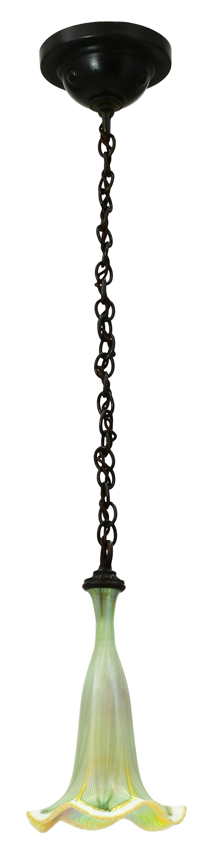 American Patinated Metal Hanging Light with Quezal "Pulled Feather" Shade (1 of 5)