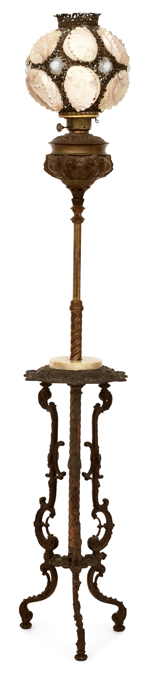 American Patinated Metal & Brass Piano Lamp with Seashell Shade (1 of 5)