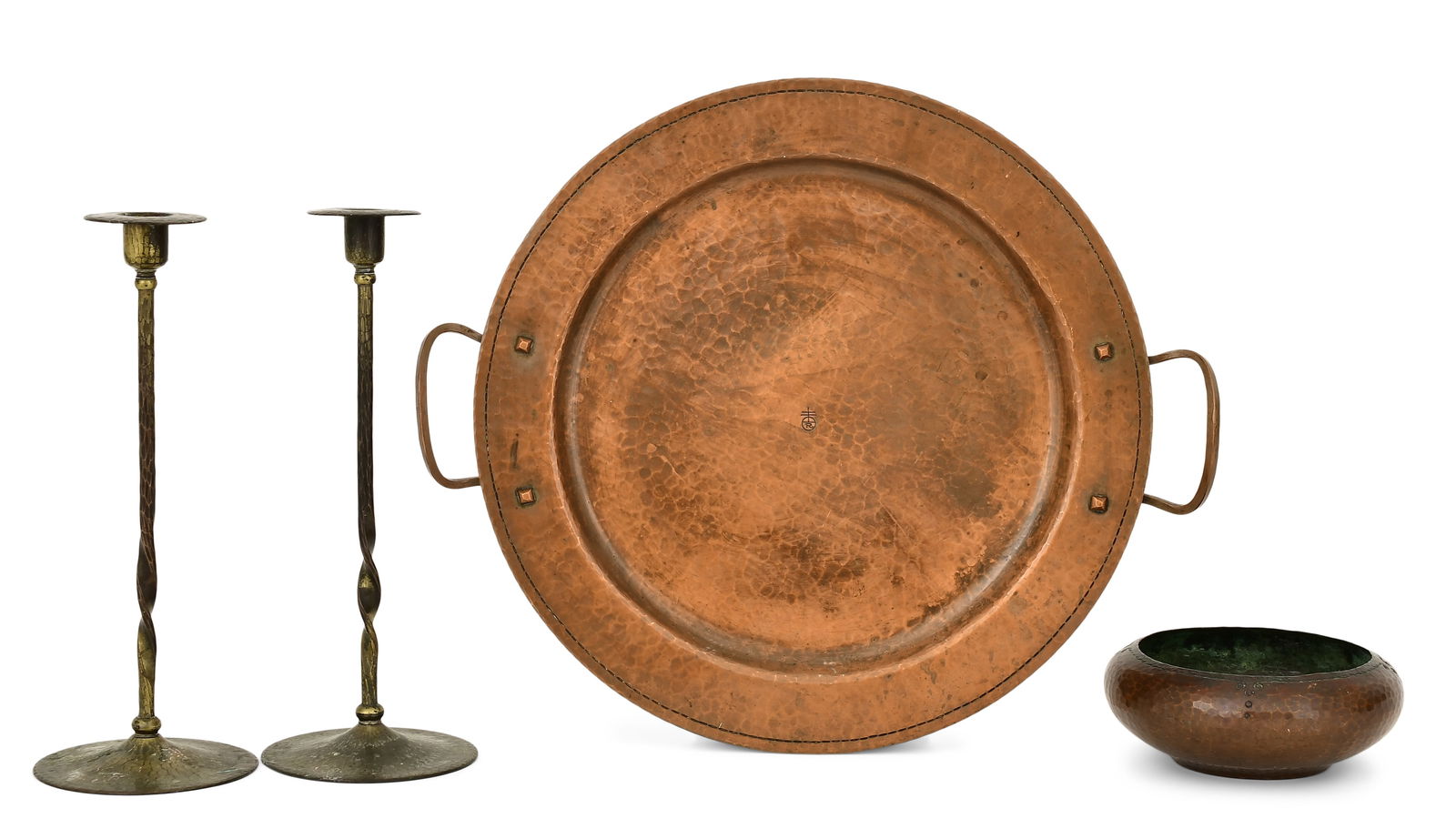 Pair of Roycroft Copper Candlesticks, Tray and Bowl (1 of 11)