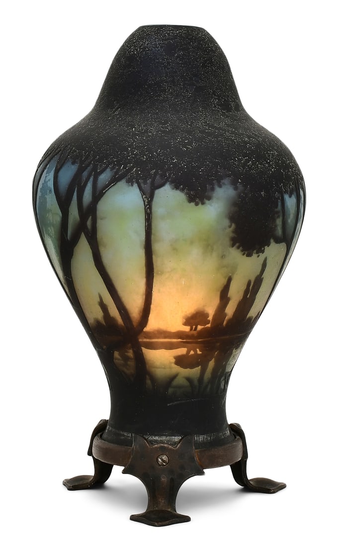 Daum, Nancy, Cameo Glass Scenic Lamp: Daum(Nancy, France, est. 1878)Scenic Lampcirca 1900enameled cameo glass, patinated metalmarked "Daum, Nancy, (Cross of Lorraine)"6 1/4 x 3 3/4 inchesProvenance: Private Collection, Canton, Ohio