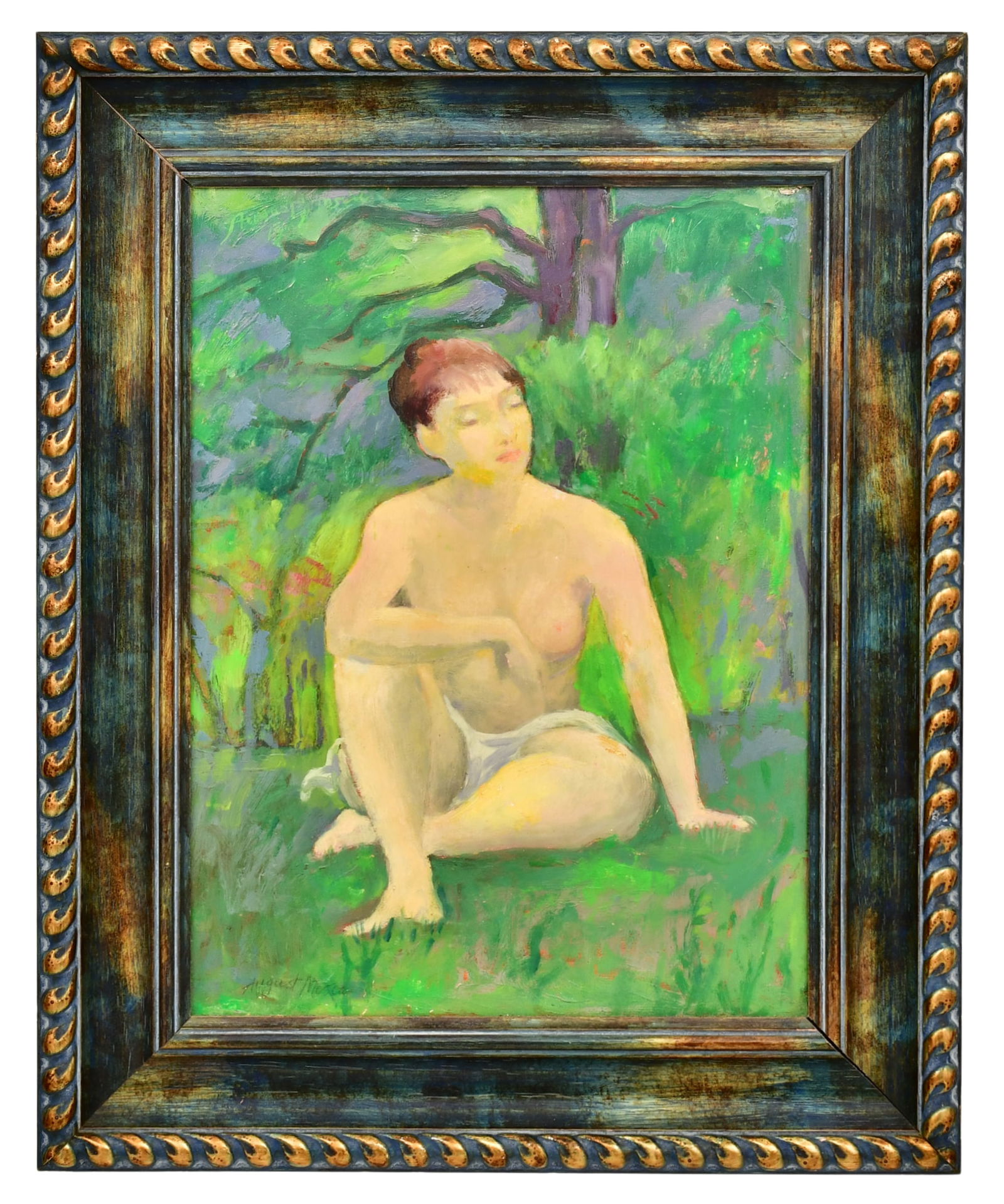August Mosca (Italian/American, 1907-2003), Seated Female Nude: August Mosca(Italian/American, 1907-2003)Seated Female Nudeoil on canvassigned "August Mosca"15 1/2 x 11 1/2 inches (sight)21 1/2 x 17 1/2 inches (frame)Provenance: From a New England Private Coll